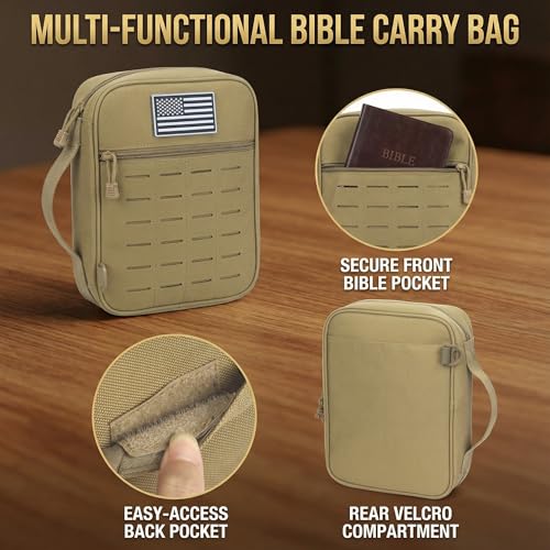 Tactical Bible Cover for Men, Large Bible Case with Shoulder Strap & US Flag Patch, Water Resistant Bible Carrier Bag with Handle, Multi Pockets for Church Study & Travel（Brown） - color: Brown