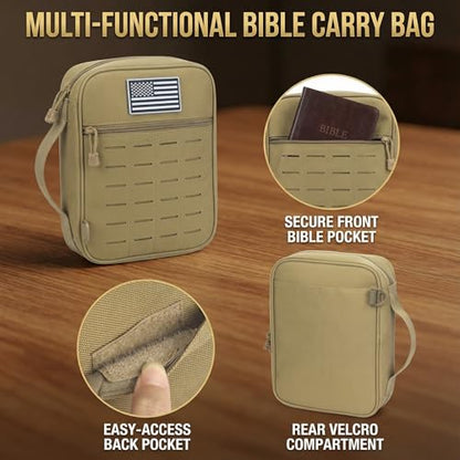 Tactical Bible Cover for Men, Large Bible Case with Shoulder Strap & US Flag Patch, Water Resistant Bible Carrier Bag with Handle, Multi Pockets for Church Study & Travel（Brown） - color: Brown