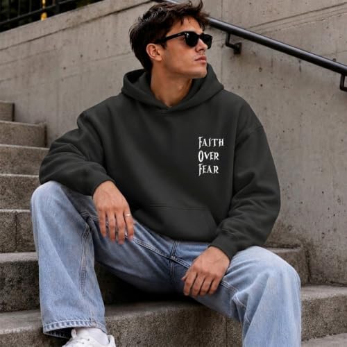 BINTEHGS Faith Over Fear Hoodie Christian Religious Hoodies for Men Oversized Cross Graphic Sweatshirts Jesus God Pullover - color: Black, size: Medium