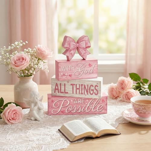 Britimes Tiered Tray Decor Set, 4 Pack, Wooden Table Sign, Pink Bow - style: Pink Bow