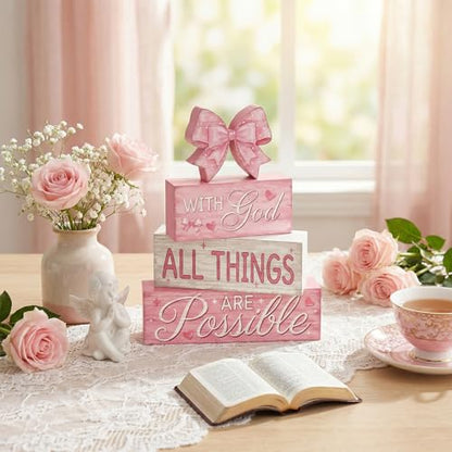 Britimes Tiered Tray Decor Set, 4 Pack, Wooden Table Sign, Pink Bow - style: Pink Bow