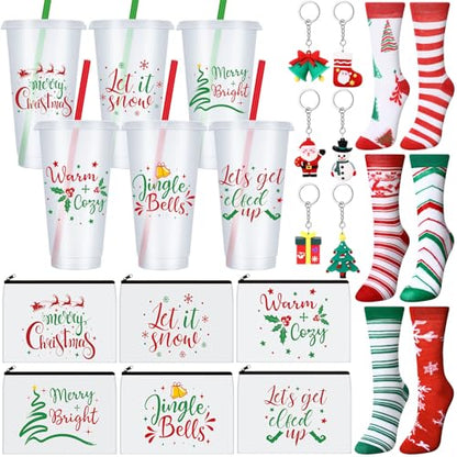 Funnymoom 24 Pcs Christmas Gifts Set Include 24 oz Merry Christmas Plastic Tumbler Cup with Lids and Straw Makeup Cosmetic Bag Crew Sock Keychain for Xmas Party Favors Winter Friendmas Gifts - style: Merry Christmas