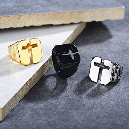 Men's Stainless Steel Ring Cutout Christian Cross Statement Signet Rings - color: black