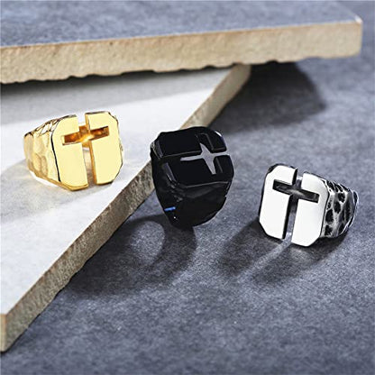 Men's Stainless Steel Ring Cutout Christian Cross Statement Signet Rings - color: silver
