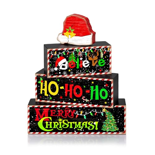 Britimes Tiered Tray Decor Set, 4 Pack, Wooden Table Sign, Christmas Santa - style: Santa Hat Decor