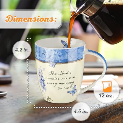 Christian Art Gifts Blue Butterfly Ceramic Coffee Mug – 12 oz. Microwave & Dishwasher-safe Inspirational Scripture Coffee & Tea Mug for Women with Bible Verse: The Lord's Mercies –Lamentations 3:22-23 - color: White & Blue Butterfly/Mercies are New
