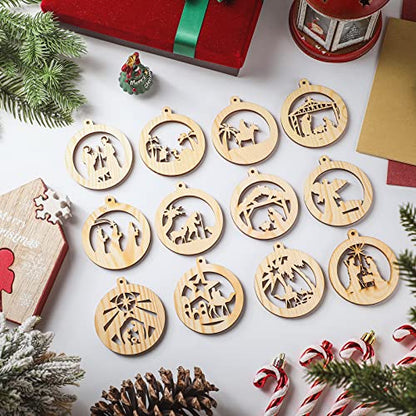 Spiareal 36 Pcs Christmas Nativity Ornaments Wooden Religious, Round - style: Round