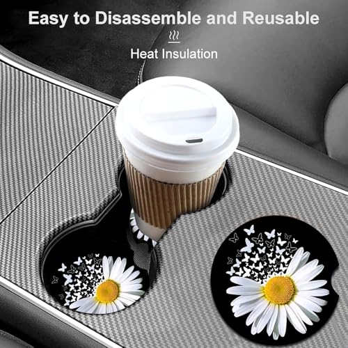 2 Pack Daisy Butterfly Car Cup Holder Coasters Universal Neoprene Coasters - color: Daisy+butterfly