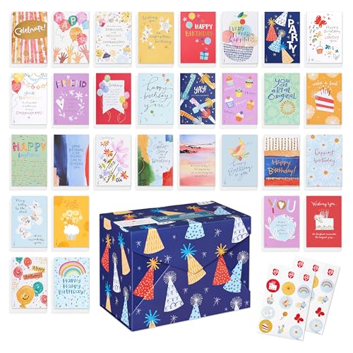 American Greetings 33-Count Birthday Card Pack designed by Kathy Davis Studios, Colorful Watercolor Assortment - color: Kathy Davis Designs - Party Hats, size: 4.625 inches x 6.75 inches (Pack of 1)