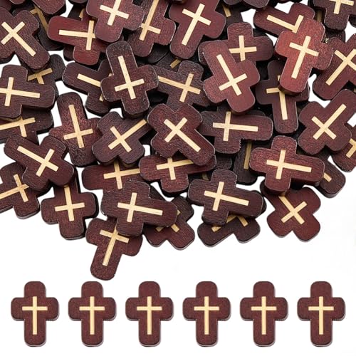 SUNNYCLUE 1 Box 80Pcs Wood Cross Beads Cross Wooden Beads Mini Crucifix Charms Brown Christmas Easter Wood Loose Spacers for Jewelry Making DIY Rosary Earrings Necklace Bracelets Women Adults - color: Saddle Brown
