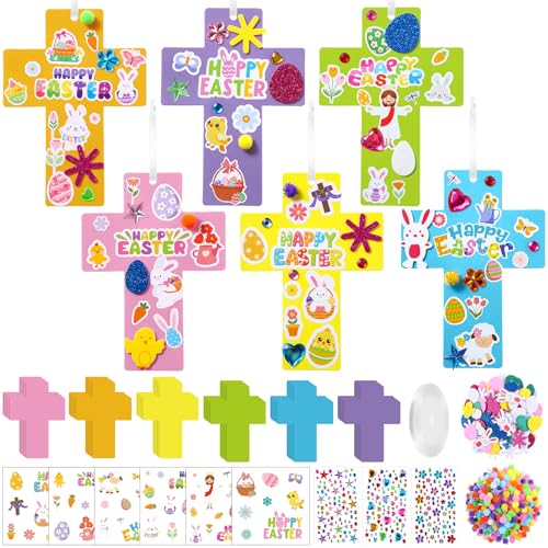 Funrous 48 Sets Crafts Kit Paper Crafts DIY Make Your Own Hanging Ornaments with Pompoms Diamond Stickers for Holiday Classroom Activities Party Favors, Easter Cross - style: Easter Cross
