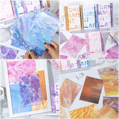 56PCS Holographic Sticker Paper Transparent Waterproof Self Adhesive Film PET Glitter Paper Scrapbooking Stickers for Junk Journal Supplies Card Making Album Collage Planner Gift Wrapping Decor - color: Yx4-56ps