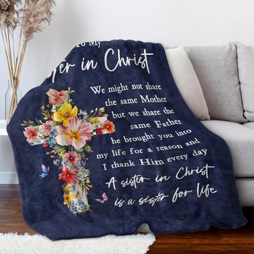 Christian Gifts for Women, Sister in Christ Floral Cross Blanket - color: Navy Blue