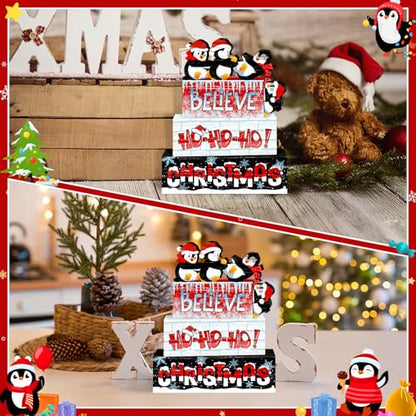Britimes Christmas Tiered Tray Decor Set, 4 Pack Wooden Table Sign, Penguin - style: Penguin