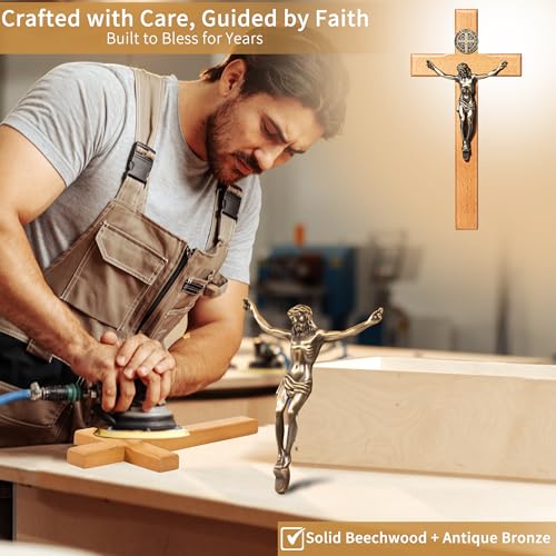 ACHIBANG Crucifix Wall Cross, 10in Wooden Catholic Jesus St Benedict Decor - size: 10"L x 5"W
