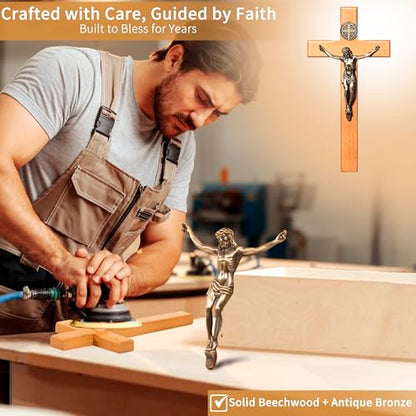 ACHIBANG Crucifix Wall Cross, 10in Wooden Catholic Jesus St Benedict Decor - size: 10"L x 5"W