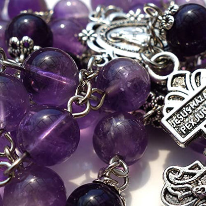 Rosary Beads Chaplet Purple Natural Amethyst Crystal Rosery Cross Catholic gifts - color: Purple