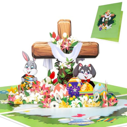 Religious Easter Pop Up Card with Woodgrain Cross, 3D Christian Easter Greeting Card with Rabbit and Floral Eggs, Faith-Inspired Family Easter Gift - color: Cross&Bunnies