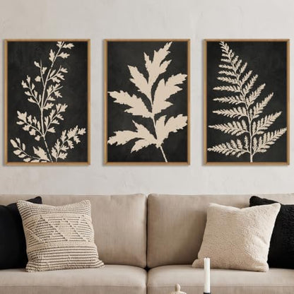 Boho Black Tan Fern Leaf Framed Canvas Wall Art Set -24"x36"x3 - color: Black Fern Wall Art, size: 24"L x 36"W