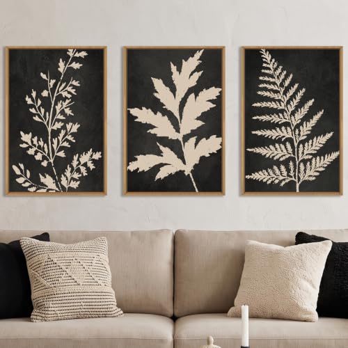 Boho Black Tan Fern Leaf Framed Canvas Wall Art Set -24"x36"x3 - color: Black Fern Wall Art, size: 24"L x 36"W