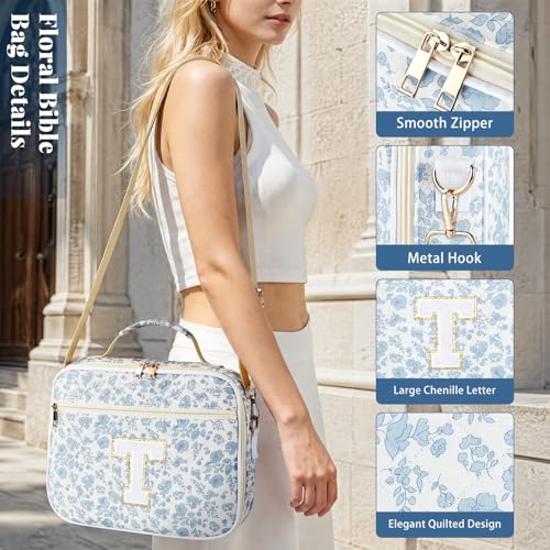 Personalized Initial Bible Cover Case for Women Bible Bag w/Study Supplies - color: Blue Flower, size: T