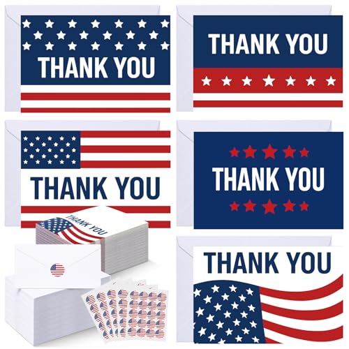 Eaasty 100 Pcs Cards with Stickers, Envelopes, Patriotic Thank You Style - style: Patriotic Thank You Style