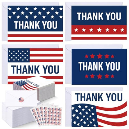 Eaasty 100 Pcs Cards with Stickers, Envelopes, Patriotic Thank You Style - style: Patriotic Thank You Style