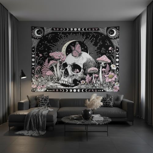Accnicc Gothic Skull Butterfly Mushroom Tapestry 90 x 68 Inch - color: Pink White, size: 90"L x 68"W