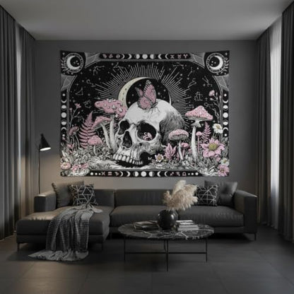Accnicc Gothic Skull Butterfly Mushroom Tapestry 90 x 68 Inch - color: Pink White, size: 90"L x 68"W