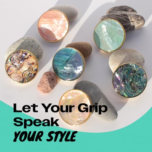 On The Grip Universal Phone Grip & Stand, Genuine Natural Gemstone/Seashell, Strong Adhesive Finger Holder, Collapsible Socket for iPhone, Samsung Galaxy, Kindle and Tablets (Black Fresh Water)