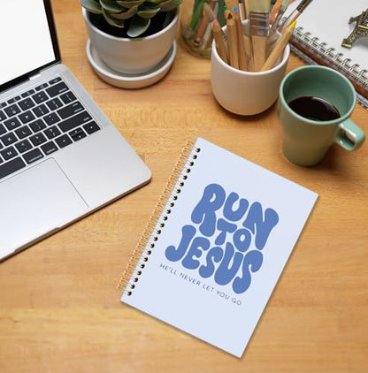 Blue Christian Spiral Notebook, Run to Jesus Bible Verse Journal, Religious Scripture Journals for Writing, Bible Notebooks for Note Taking, Church Notes Journal, 5.5x8.3 Inch - color: God-Blue