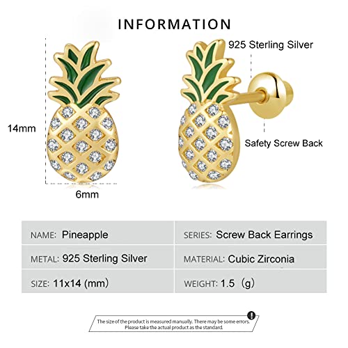 Butterfly Ladybug Unicorn Sloth Flamingo Dog Cat Turtle Angel Koala Daisy Panda Stud Earrings for Girls Women - Sterling Silver Hypoallergenic Animal Earrings with Secure Screw Backs - color: Pineapple