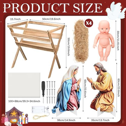 Chunful 10 Pcs Large Nativity Scene Set 19 Inch Wooden Manger Baby Jesus Holy Family with Light Nacimiento De Jesus Decor Traditional Religious Christmas Indoor Outdoor Decoration