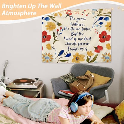 OHDCE Boho Floral Christian Tapestry Wall Hanging, Isaiah 40:8 Wildflower Religious Bible Verse Blanket Tapestries Wall Decoration for Bedroom Home Prayer Room Church, 50x60 Inch