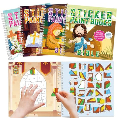 4PCS Bible Sticker Books Paint by Number Activity Book Bulk Christian Religious Sunday Crafts Nativity Puzzle Gift Church Set for Easter Christmas Party Favor with Jesus Cross 32 Pictures - style: Bible