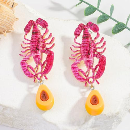 Creative Exaggerated Ocean Animal Drop Dangle Earrings for Women, Bohemia Style Alloy Lobster Octopus Fish Crab Earrings for Summer Beach Holiday Party Jewelry Gifts - style: Pink Lobster Earrings-E