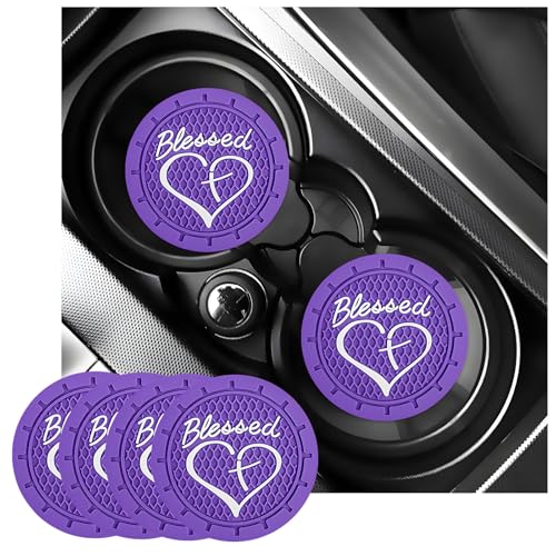 KVAEY 2 PCS Car Cup Holder Coasters, 2.76 Inch Anti Slip Vehicle Drink Mats with Cute Blessed Cross and Heart, Shockproof, Universal Car Accessories (Purple, 4 PCS) - color: Purple, size: 4 PCS
