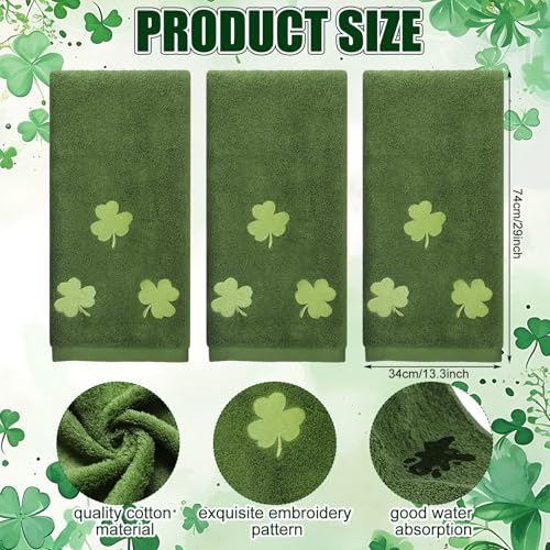 SmoothNovelty 3 Pcs St. Patrick's Day Hand Towels for Bathroom Green Shamrock Embroidered Cotton Kitchen Towels Lucky Clover Dishcloth 13.3" x 29.5" Irish Bathroom Decors for St. Patrick's Gift(Green) - color: Shamrock, size: 13.3 x 29.5 inches