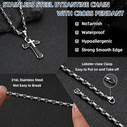FLHEART Byzantine Cross Necklace for Men, Black Silver Stainless Steel Cross Chain Pendant Necklace Masculine Chunky Sturdy Mens Christian Jewelry Gift 22/24 Inch - color: Black-Cubic Zircon, size: 24In
