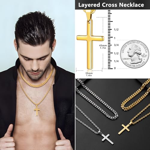 Romass 4Pcs Cross Necklace for Men Teen Boys,Stainless Steel Chains for Men Layered Necklaces Silver Gold Black Pendant Jewelry Box Gifts 18-24 Inches - size: Chain-20in/Necklace-22in, style: 4Pcs 1.7"* 1.4"pendant-Silver+Gold
