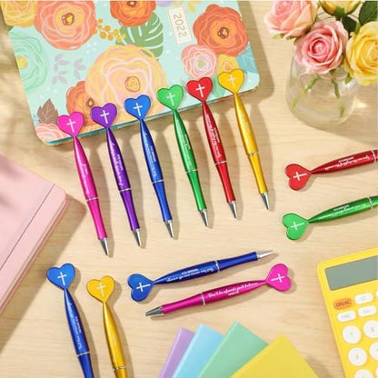 Sayglossy 120 Pcs Christian Gifts Pens Bulk Motivational Bible Verse Quote Heart Shaped Motivational Ballpoint Pens for Church 6 Colors