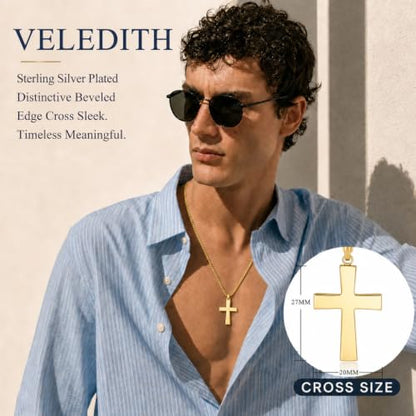 925 Sterling Silver Cross Necklaces for Mens Women CZ Beveled Edge - color: Beveled edge gold cross