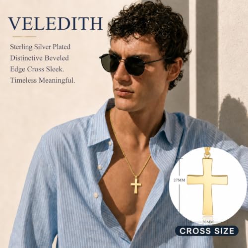 925 Sterling Silver Cross Necklaces for Mens Women CZ Beveled Edge - color: Beveled edge gold cross