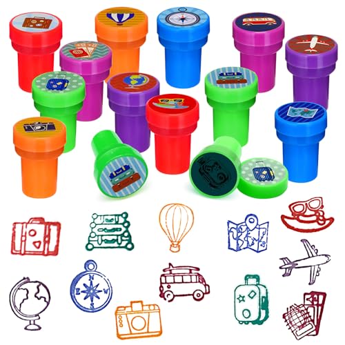 Cinrobiye 24 Pcs Adventure Travel Stampers Party Favor Set Fun Bon Voyage Stamps Birthday Party Supplies Classroom Rewards Carnival Prizes Goody Bag Fillers Pinata Filler Travel Party Gift Set - color: Adventure Travel