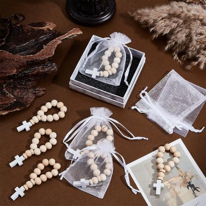 OLYCRAFT 36Pcs Wooden Rosary Beads with White Cross Pendant 3.7 Inch Long Wooden Finger Rosary Bead with Cross Classic Mini Rosaries and Mesh Bags Natural Wood Beads for Guests Party Favors - color: White Cross