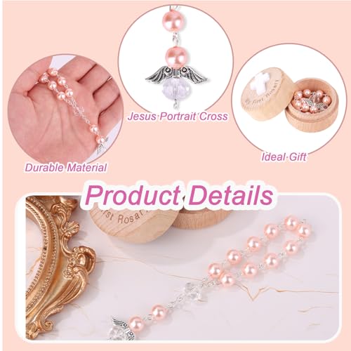 My First Rosary Baptism Gifts, Baptism Memorial Box & Rosary Bracelet with Angel Wings Catholic First Communion Christening Beads Gifting Set for Baby Shower