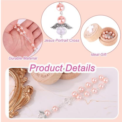 My First Rosary Baptism Gifts, Baptism Memorial Box & Rosary Bracelet with Angel Wings Catholic First Communion Christening Beads Gifting Set for Baby Shower