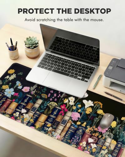 Mouse Pad, Desk Mat, 31.5x11.8in Large Mousepad, Books & Flowers - color: Books & Flowers