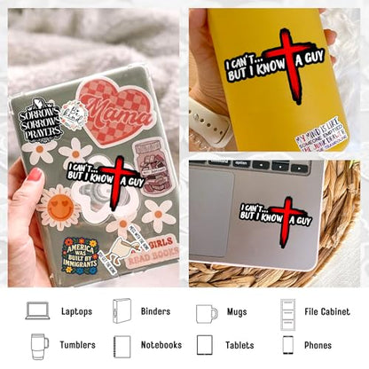 (3Pcs) I Can't But I Know A Guy Sticker, Jesus Cross Funny Christian Catholic Religious Faith Waterproof Die-Cut Vinyl Sticker for Laptop Water Bottle Hard Hat Decal Stuff Gift for Her Him 2 Inches - size: 2 Inches