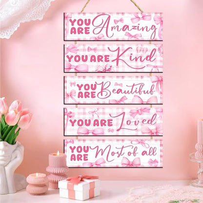 Pink Bows Wall Art Wooden Inspirational Girls Bedroom Signs Aesthetic Decor - color: Pink You Are Quotes